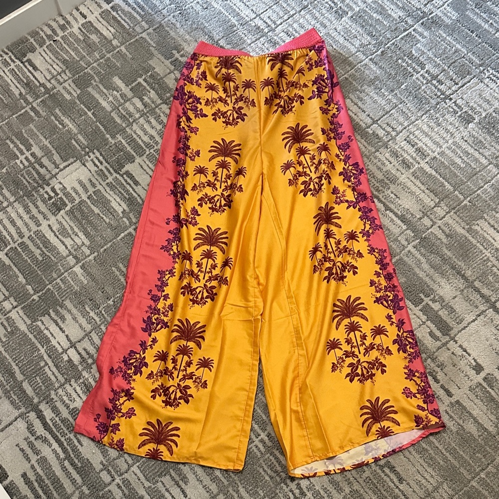 Anthropologie Yellow and Pink Floral Wide-Leg pants - Picture 2 of 2